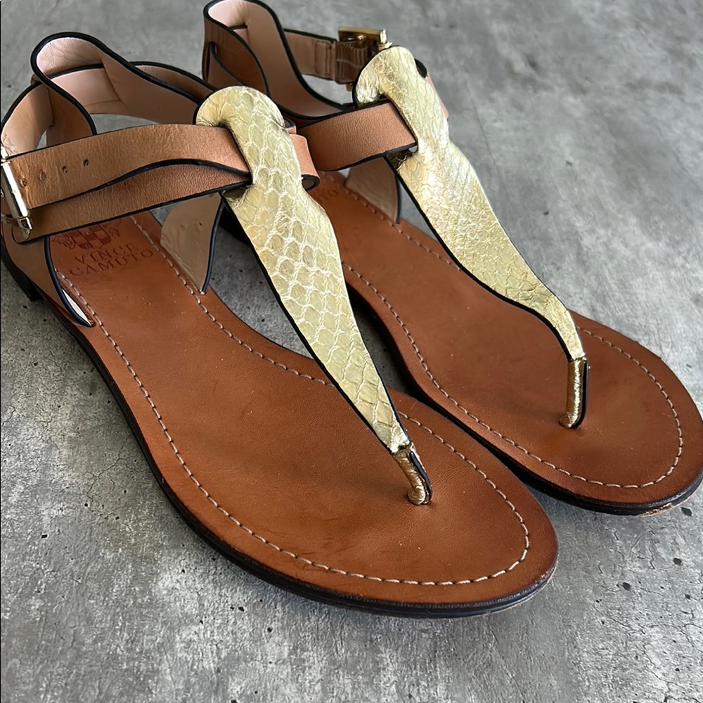 Vince Camuto Tan and Gold Sandals